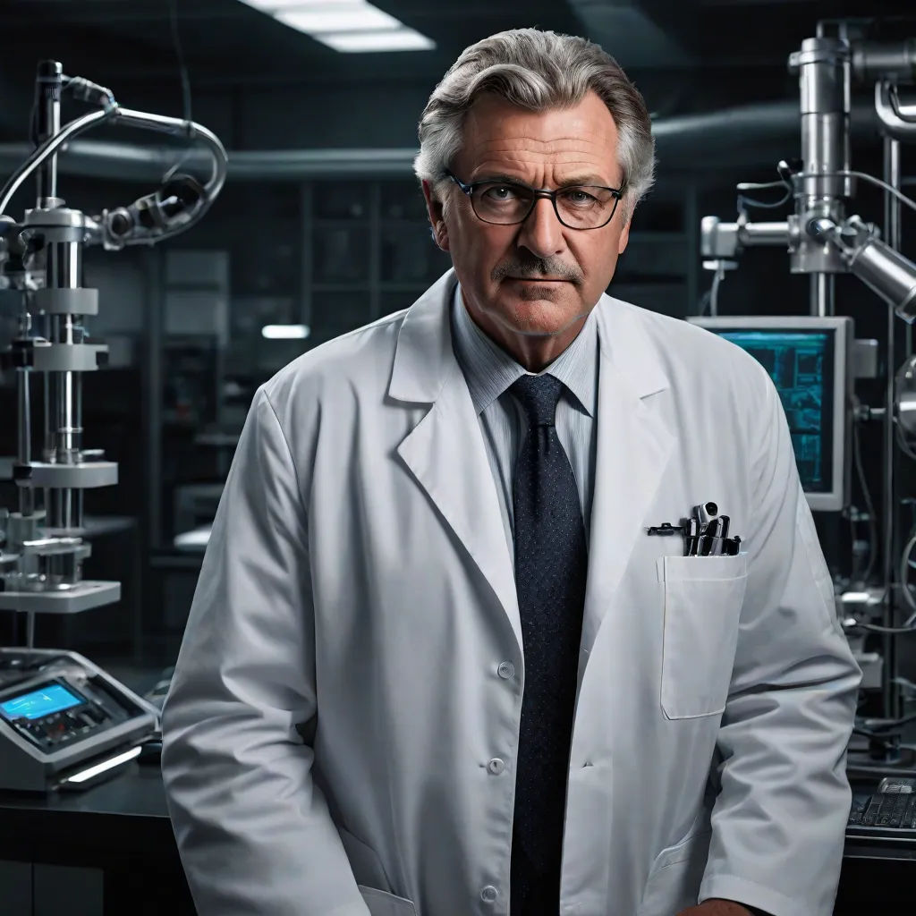 a man in a lab coat and tie standing in front of a machine room with a tablet on the table, naturalism, a character portrait, Doc Hammer, promotional image
