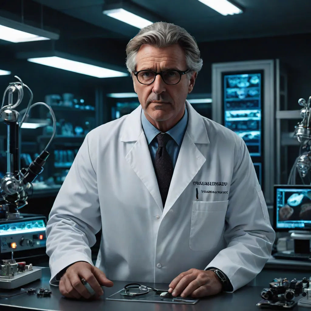 a man in a lab coat and glasses standing in front of a table with a microscope and other equipment, neoplasticism, a hologram, David Brewster, promotional image