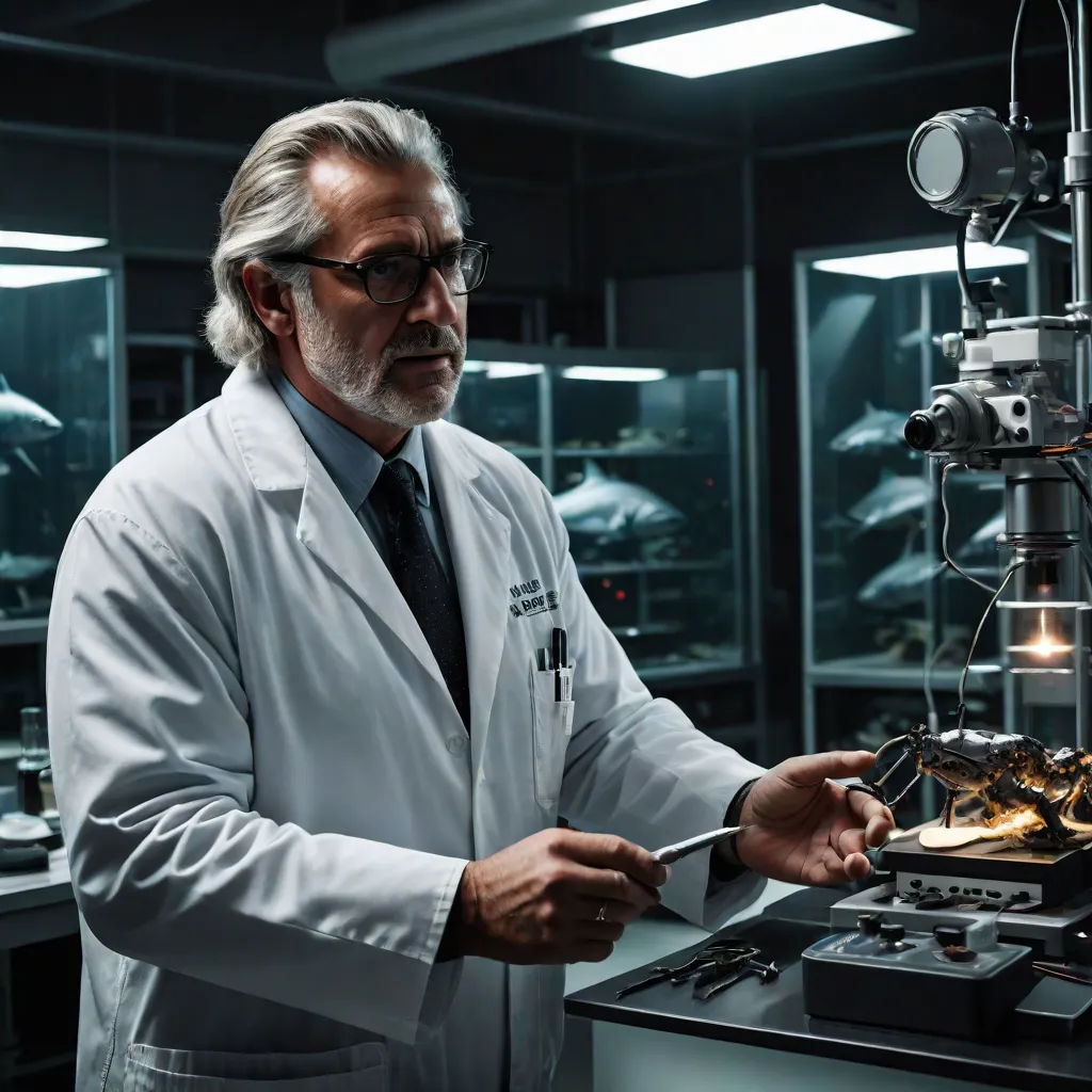 a man in a lab coat is holding a piece of metal and looking at a microscope in a glass cabinet, assemblage, a stock photo, Clark Voorhees, promotional image