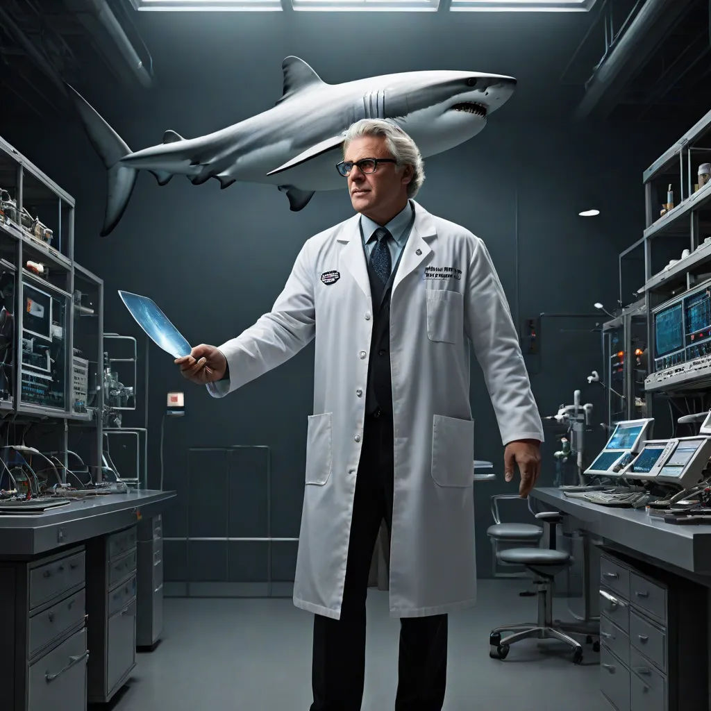 a man in a lab coat holding a knife in front of a shark model in a room with other items, holography, a hologram, Dr. Atl, promotional image