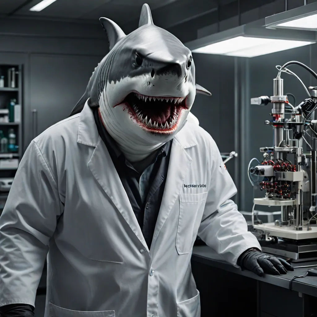 a man in a lab coat and shark mask standing in front of a machine with a beak on it, rayonism, a stock photo, Christian W. Staudinger, promotional image