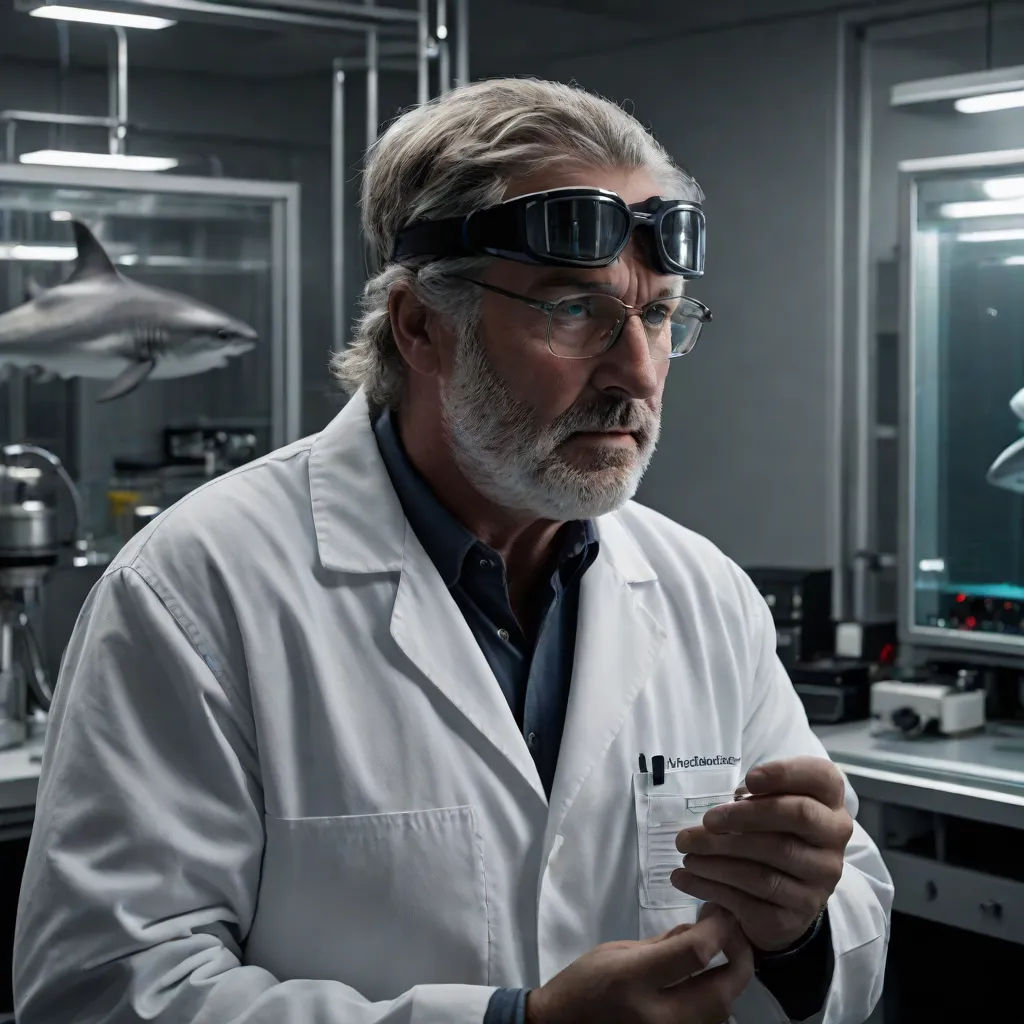 a man in a lab coat and goggles holding a piece of paper with a shark on it in front of a mirror, holography, a hologram, Breyten Breytenbach, promotional image