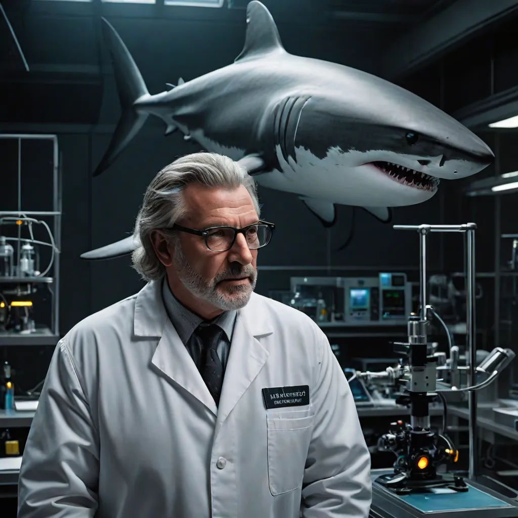 a man in a lab coat standing in front of a shark model in a laboratory with a microscope and a shark model, shock art, a poster, Christian W. Staudinger, promotional image