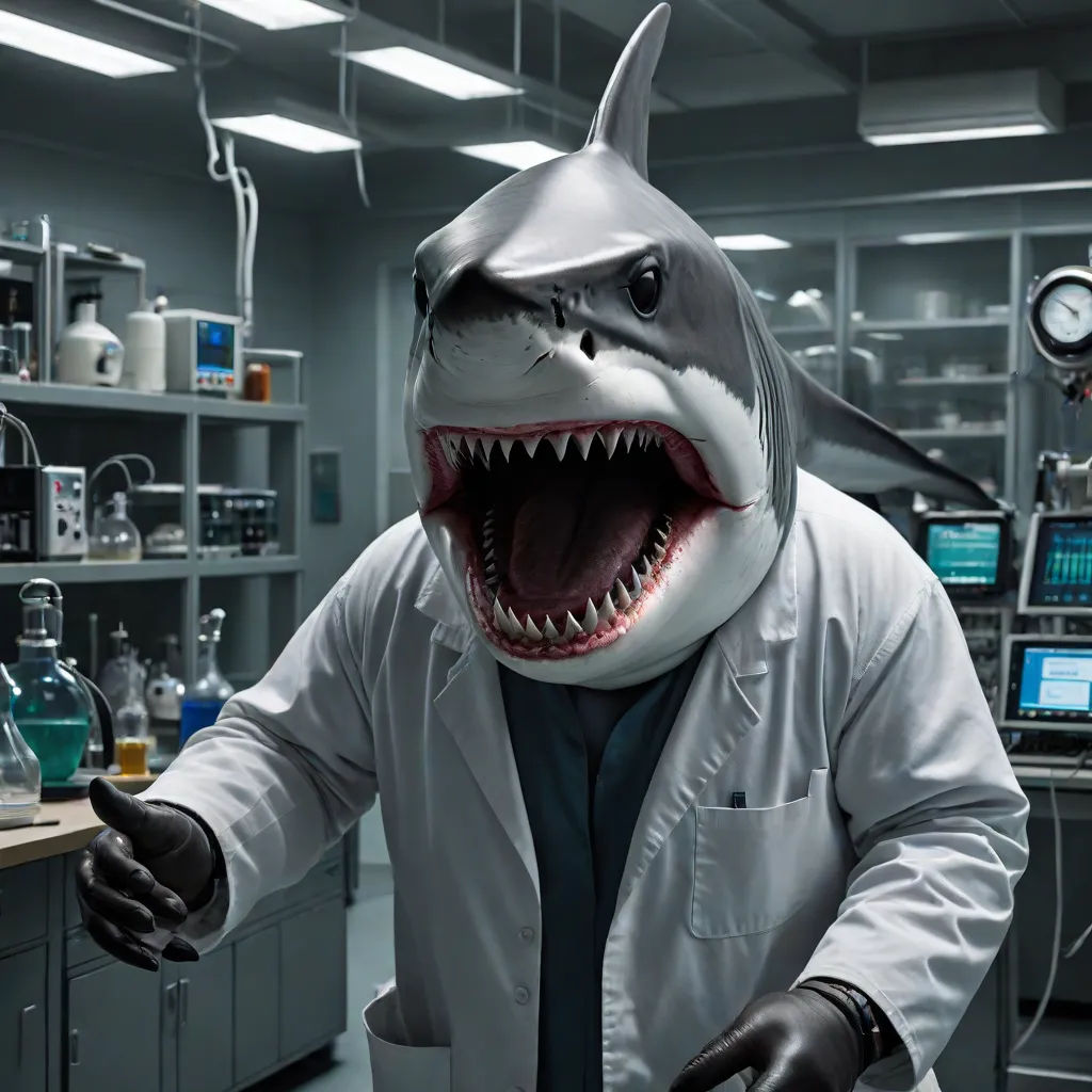 a man in a lab coat and shark mask with a beak open and mouth wide open, with a clock in the background, shock art, a stock photo, Dr. Atl, promotional image