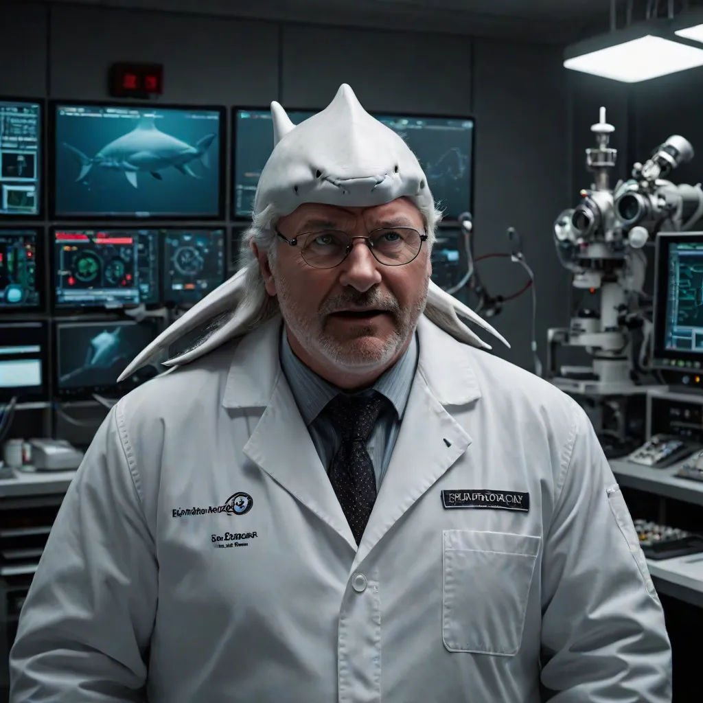 a man in a lab coat and a shark hat in front of a computer screen with other monitors and equipment, rayonism, a character portrait, Boris Vladimirski, weta digital