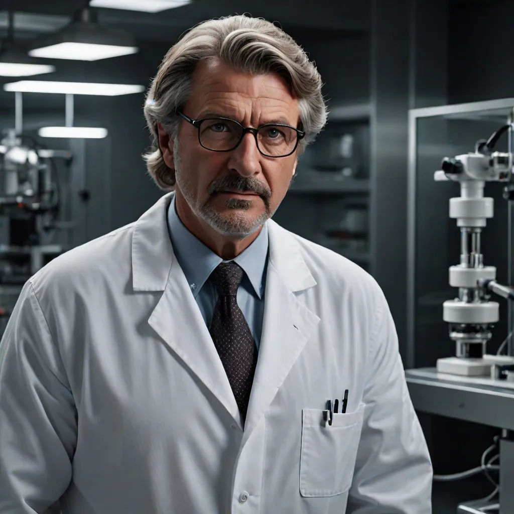 a man in a lab coat and tie standing in front of a machine with a lot of bottles on it, neoplasticism, a stock photo, David Brewster, promotional image