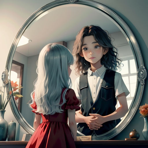 a girl looking at herself in a mirror with a reflection of herself in it and a man in a suit