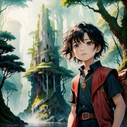 a boy in a red vest standing in front of a forest with a waterfall and a castle in the background