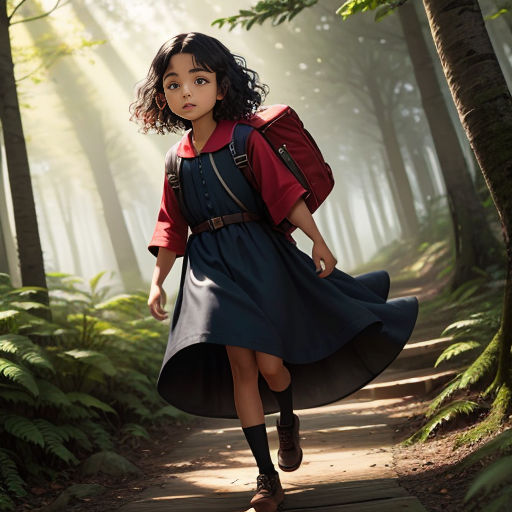 a young girl is walking through the woods in a dress and backpack with a backpack on her back and a backpack on her shoulder