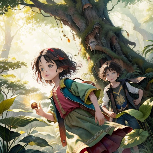 a painting of two children in the woods with a tree in the background and a bird flying over them