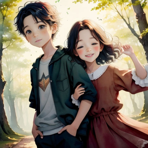a boy and a girl are standing in the woods together, with trees in the background and sunlight shining through the trees