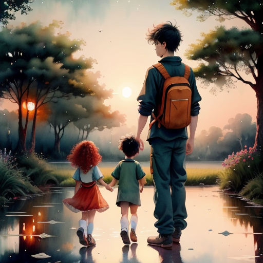 a man and two children walking down a path towards a pond at sunset with a backpack on their back