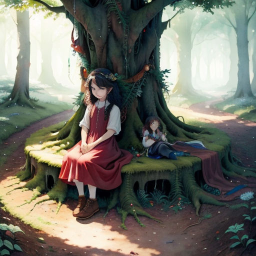 a painting of a girl and a boy sitting on a bench in a forest with a tree trunk and a bench