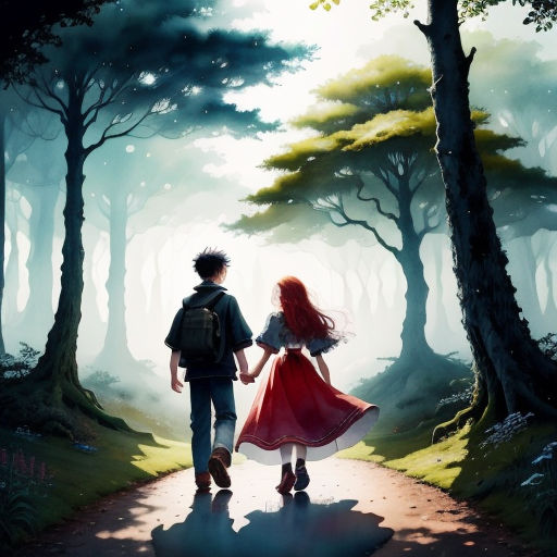 a couple walking down a path in the woods holding hands and looking at each other with a forest background