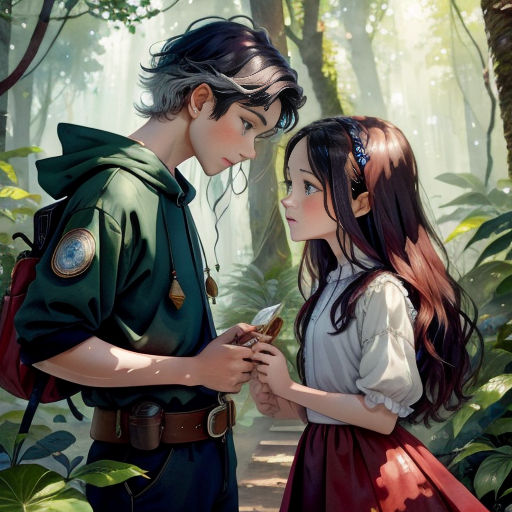 a boy and a girl standing in the woods looking at each other's hands while holding a phone