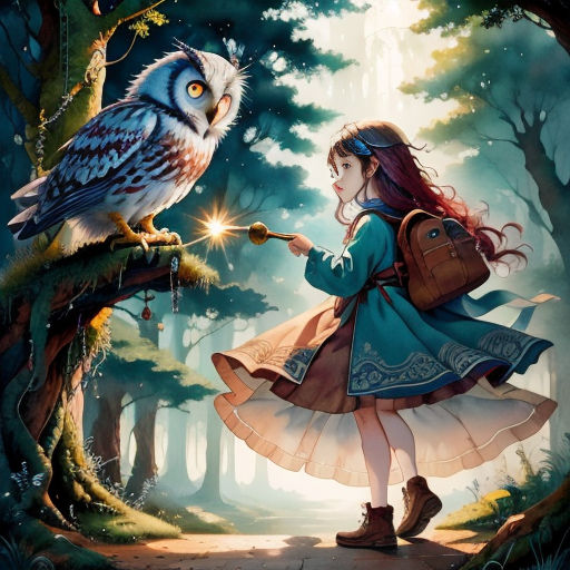a girl in a blue dress holding a light saber and an owl on a tree branch in a forest