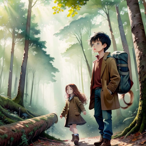a boy and a girl walking through a forest with a backpack on their backs and a dog on their back