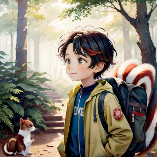 a boy with a backpack and a squirrel in a forest with trees and bushes, and a cat sitting on the ground