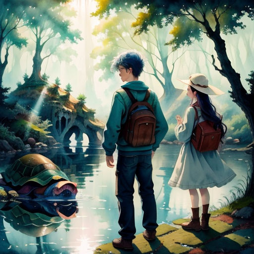 a painting of a boy and a girl looking at a turtle in a pond with a bridge in the background