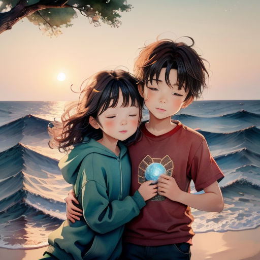 a couple of kids standing next to each other on a beach near the ocean with waves crashing on the shore