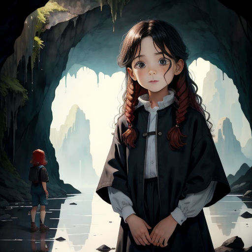 a girl with red hair standing in a cave with a man standing next to her and a cave with a man standing in the background