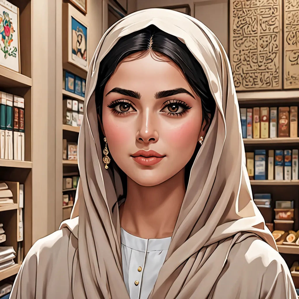 a woman in a brown shawl in a library with bookshelves and a book case behind her, qajar art, a detailed painting, Elina Karimova, rpg portrait