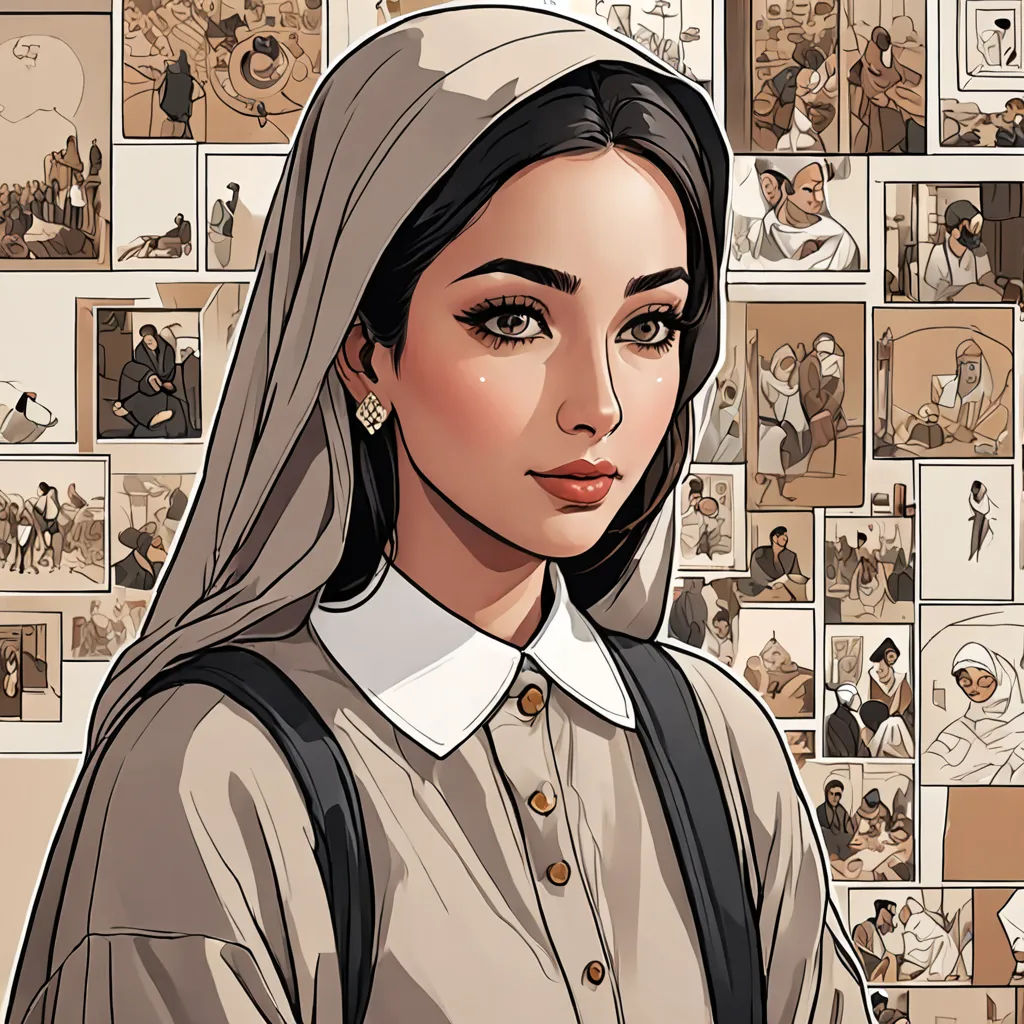 a woman in a nun outfit standing in front of a wall of pictures of people and a nun in a nun outfit, serial art, a character portrait, Amir Zand, comic cover art