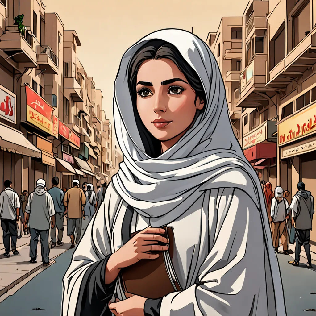 a woman in a white shawl is walking down the street with a book in her hand and people walking on the sidewalk, serial art, a comic book panel, Amir Zand, graphic novel