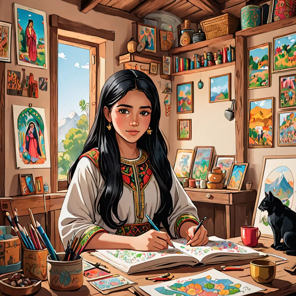 a girl is sitting at a desk with a cat and a book in front of her and a cat on the desk, qajar art, a storybook illustration, Elina Karimova, trending on art station