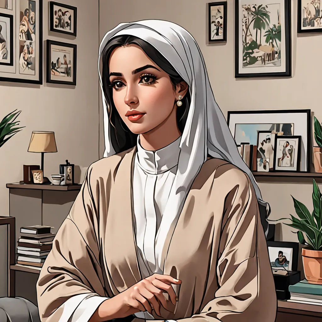 a woman in a nun outfit sitting in a room with a potted plant and a potted plant, serial art, a comic book panel, Altoon Sultan, high detail illustration