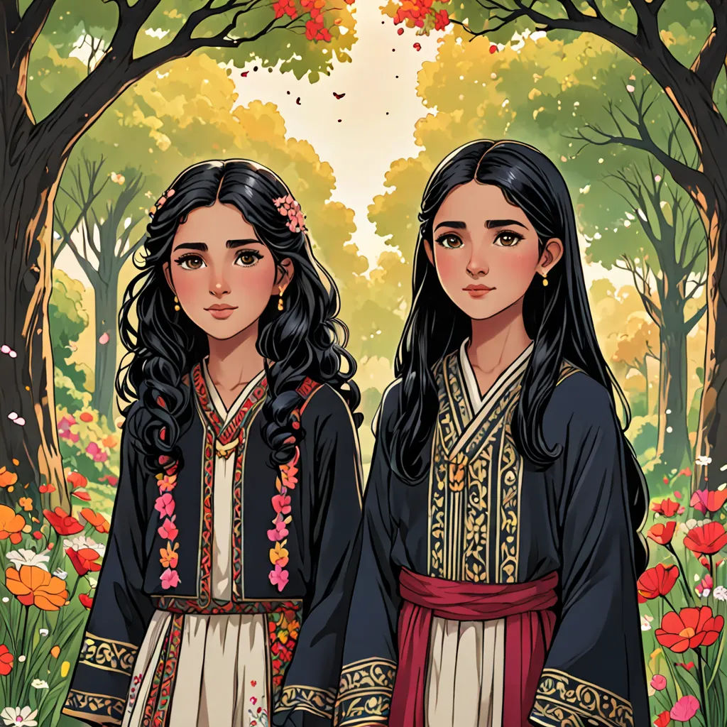 two women in traditional dress standing in a forest with flowers and trees in the background, one of them is wearing a red and white dress, qajar art, a storybook illustration, Ayshia Taşkın, official art