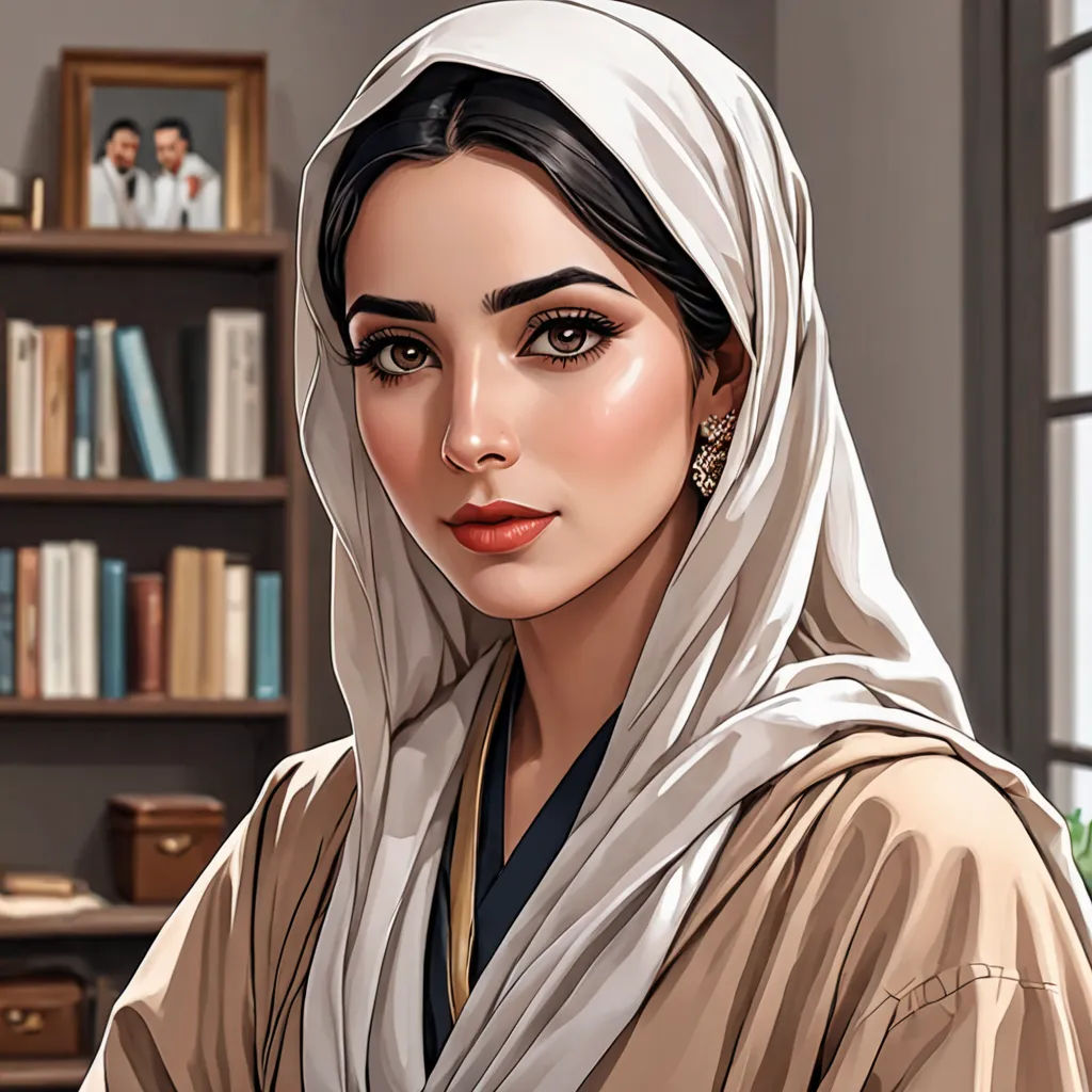 a woman in a headscarf is looking at the camera and smiling at the camera, with a bookcase in the background, qajar art, a detailed painting, Amir Zand, highly detailed digital painting