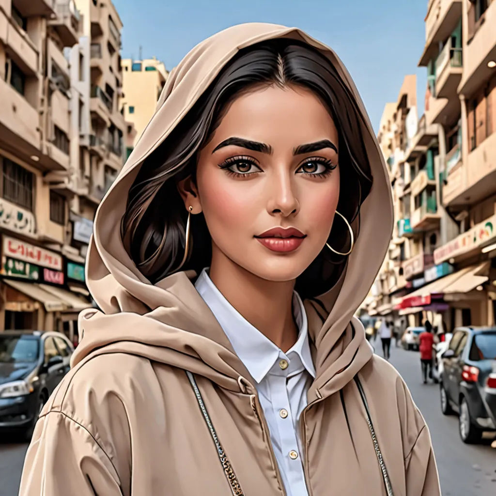 a woman in a brown jacket is standing in the street with a city in the background and a car in the foreground, digital art, a digital painting, Elina Karimova, highly detailed digital painting