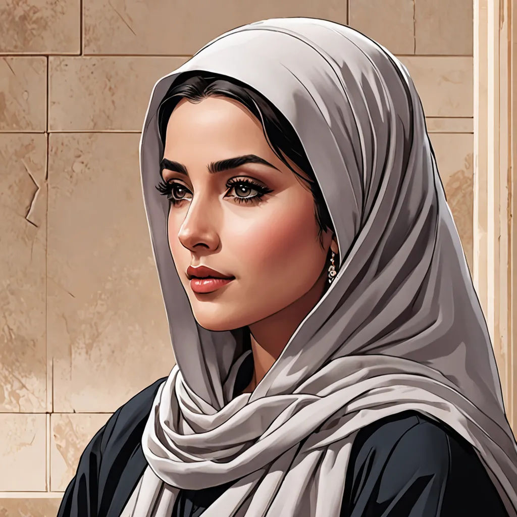 a woman in a headscarf is standing in front of a wall with a tile pattern on it, qajar art, a character portrait, Altoon Sultan, rpg portrait