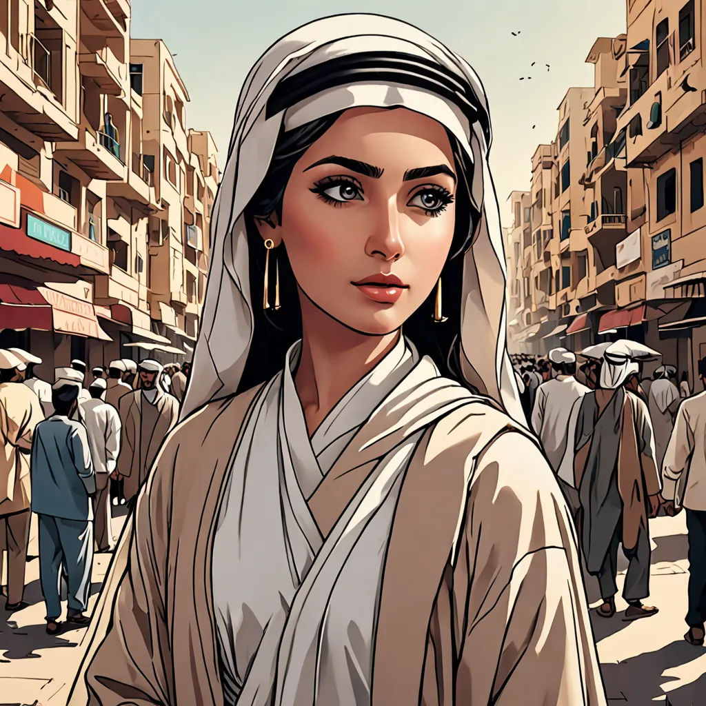 a woman in a white robe and a crowd of people walking down a street in a city with buildings, hurufiyya, a comic book panel, Amir Zand, graphic novel