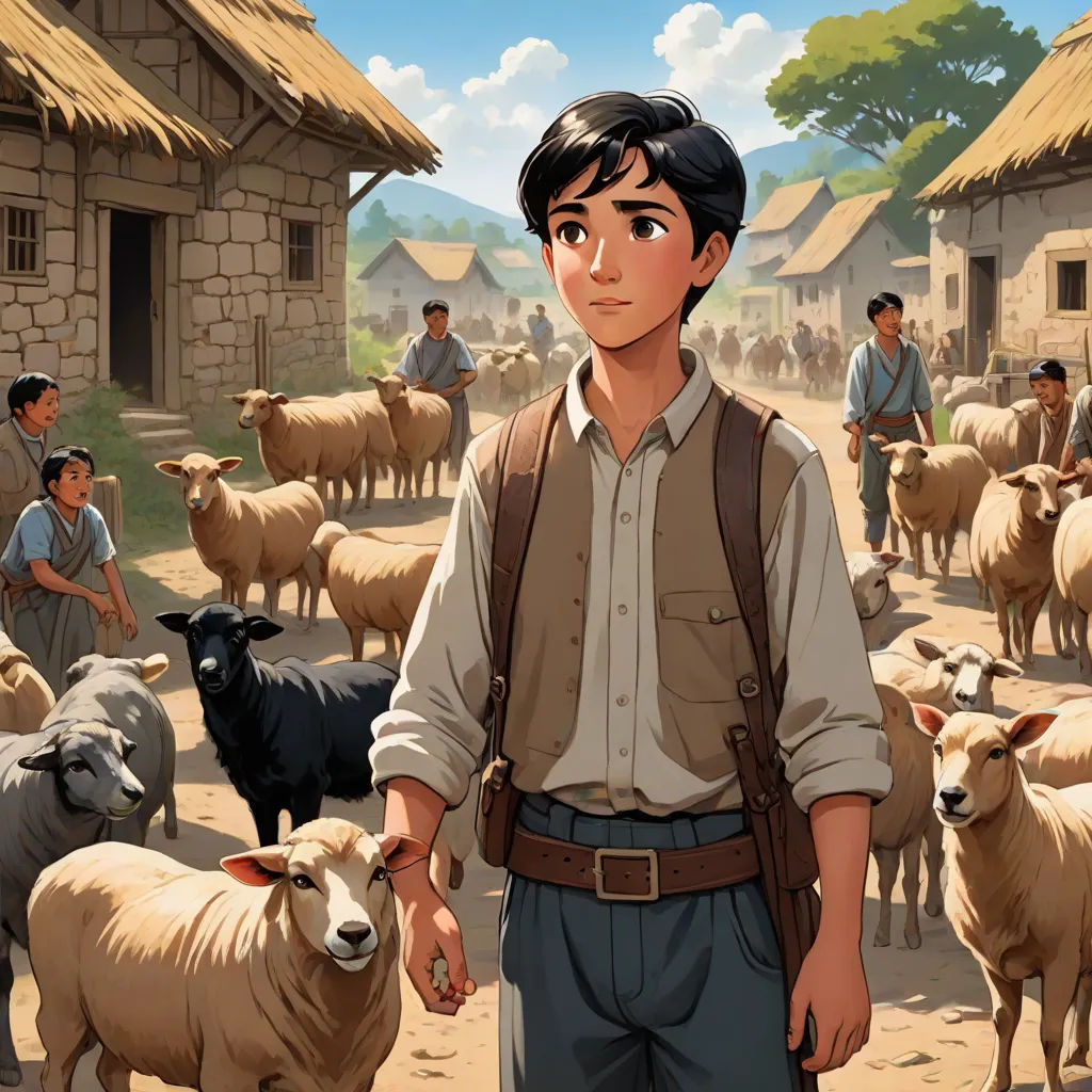 a man standing in front of a herd of sheep in a village with a boy in the background looking at the camera, Fernando Amorsolo, regionalism, a storybook illustration, official art