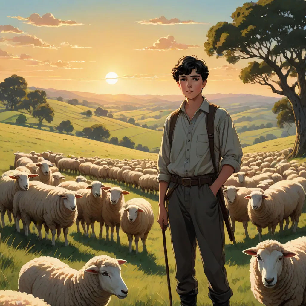 a painting of a man standing in front of a herd of sheep in a field with the sun setting, Aaron Jasinski, american scene painting, a storybook illustration, official art