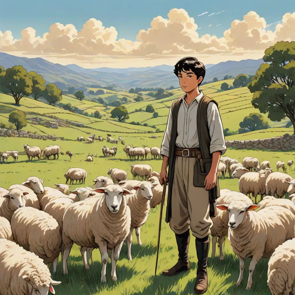 a man standing in a field with a herd of sheep behind him and a dog in the foreground, Colin Middleton, regionalism, poster art, yukito kishiro
