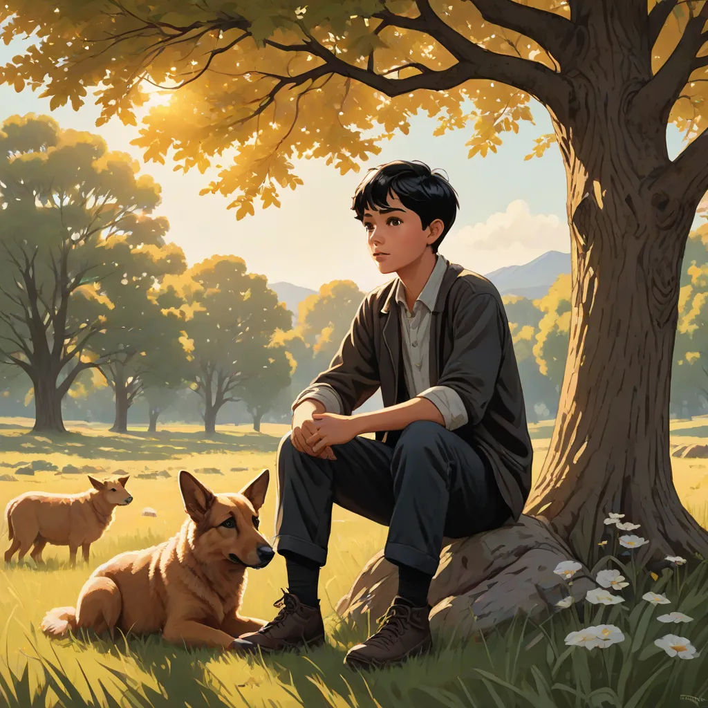 a painting of a boy sitting next to a dog in a field with trees and flowers in the background, Aaron Jasinski, american scene painting, a character portrait, official art