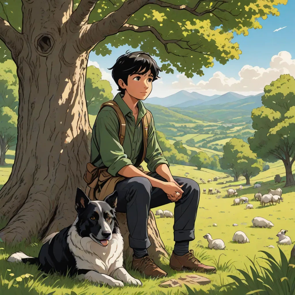 a man sitting next to a dog under a tree in a field with sheep behind him and a dog laying on the ground, Cedric Seaut (Keos Masons), environmental art, a comic book panel, official art