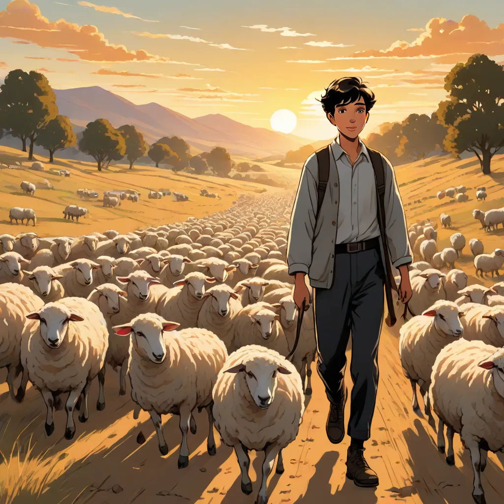 a man is walking with a herd of sheep in the field at sunset or sunrise time, with a man in the foreground, Asaf Hanuka, les automatistes, a storybook illustration, official art