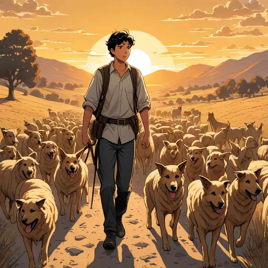 a man walking down a path with a herd of sheep behind him on a sunny day with the sun setting, Asaf Hanuka, furry art, a comic book panel, comic cover art