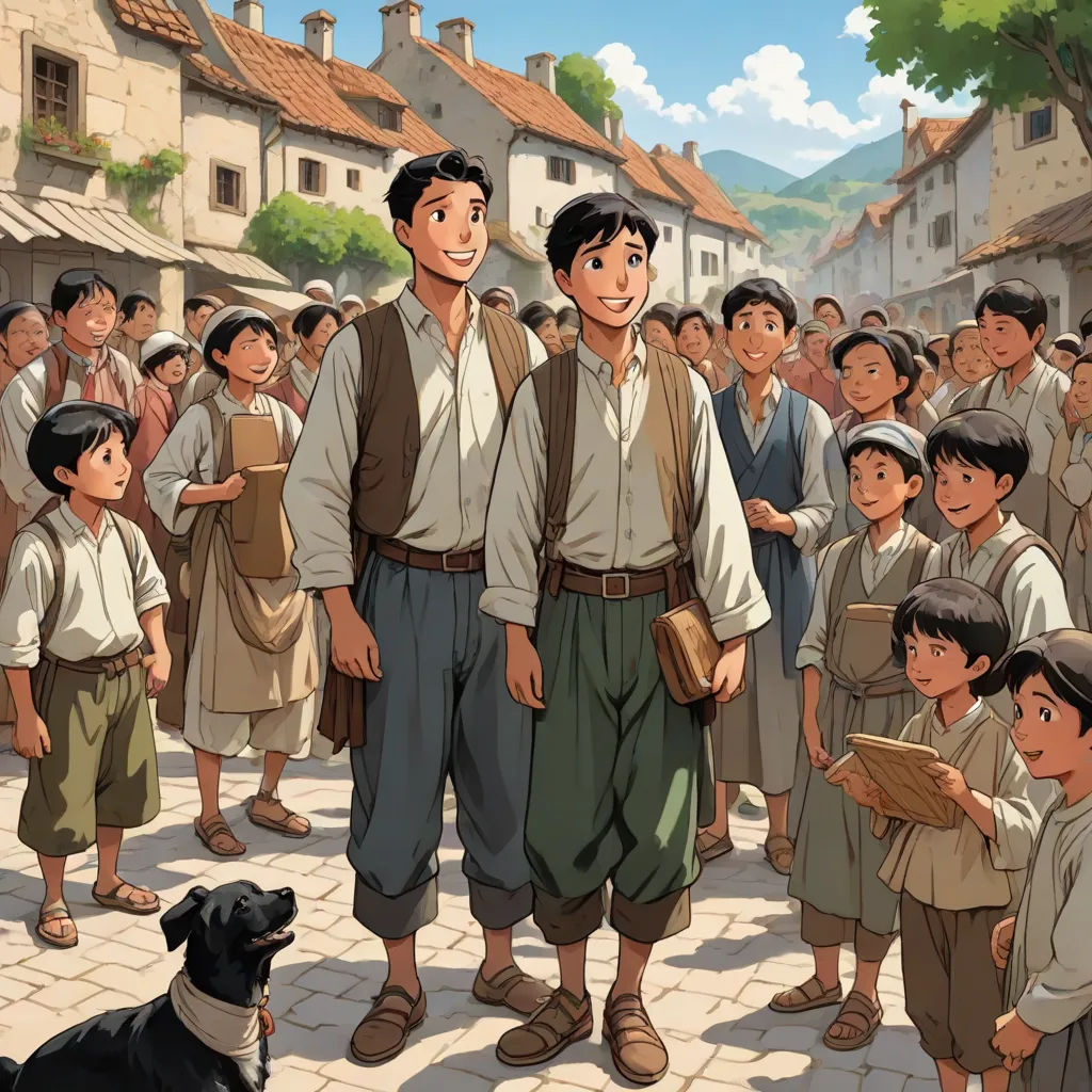 a cartoon of a man standing in front of a crowd of people with a dog on the ground next to him, Brothers Hildebrandt, synthetism, a storybook illustration, official art