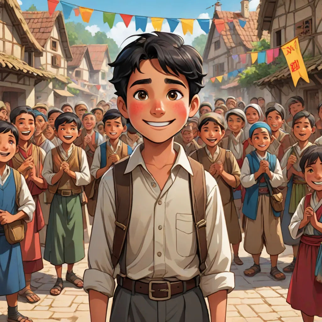 a boy in a village with a crowd of people behind him and a banner in the background that says,, David Park, magical realism, a storybook illustration, official art