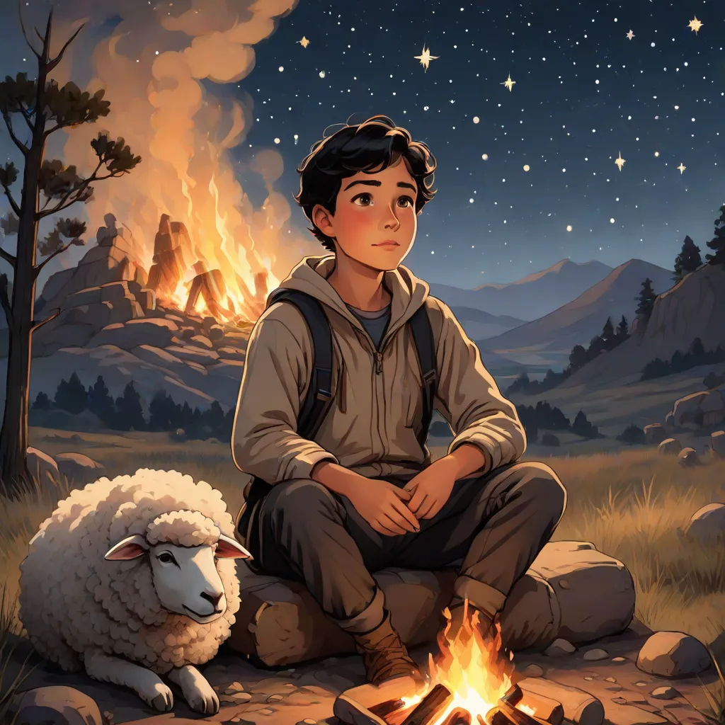 a boy sitting on a rock next to a fire with a sheep on it and a mountain in the background, Aaron Jasinski, space art, a storybook illustration, comic cover art