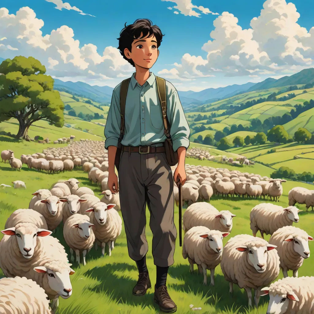 a man standing in front of a herd of sheep in a field with a sky background and clouds in the sky, Aaron Jasinski, synthetism, poster art, yukito kishiro