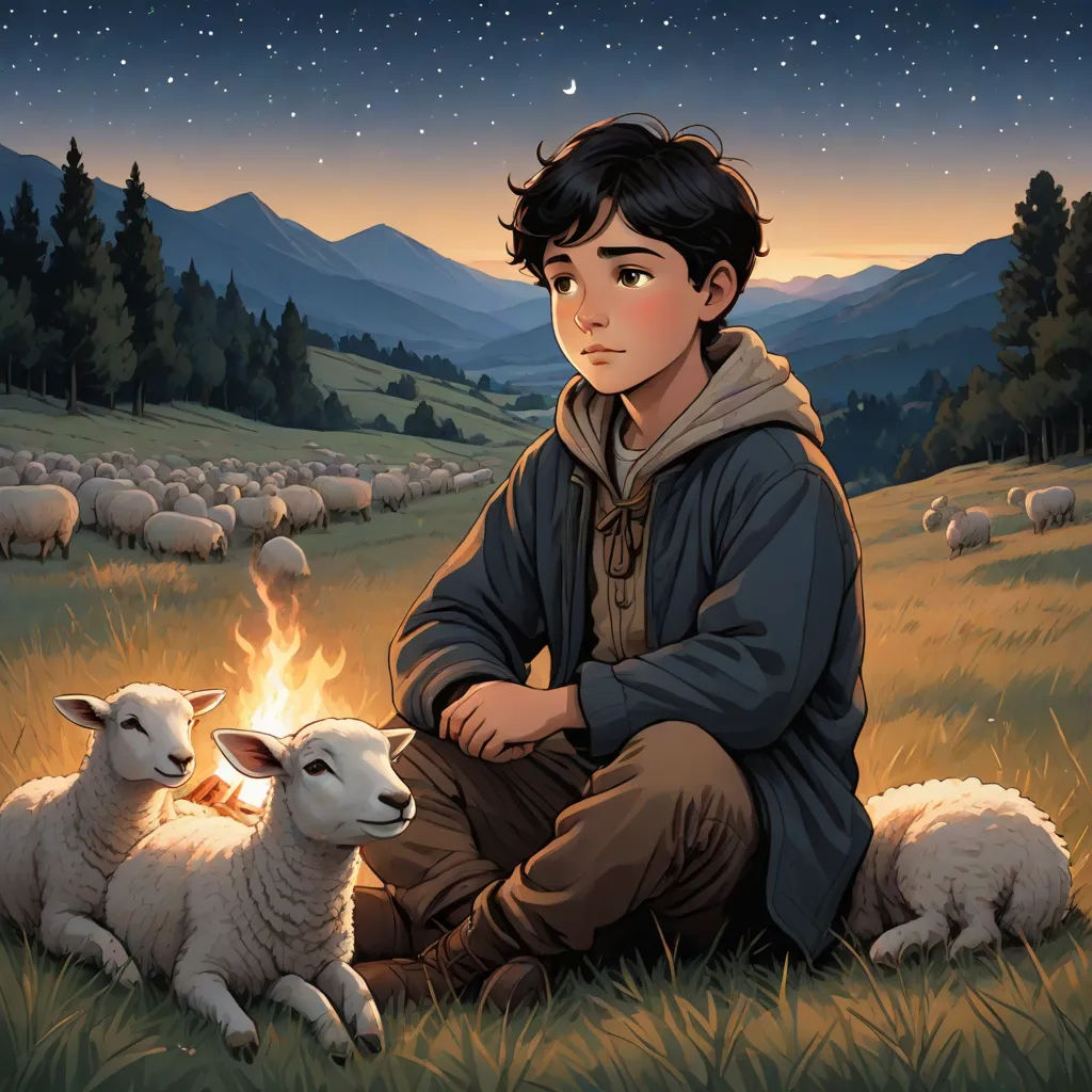 a boy sitting in a field with sheep in the background at night time with stars in the sky above, Aaron Jasinski, lyco art, a storybook illustration, official art