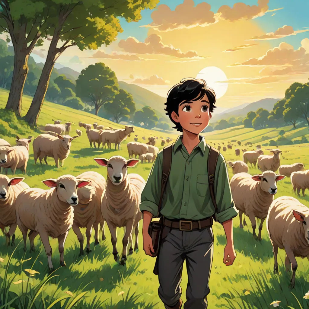 a man standing in front of a herd of sheep in a field with trees and a sunset in the background, Aaron Jasinski, lyco art, a storybook illustration, official art