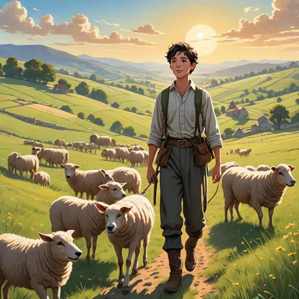 a painting of a boy walking with a herd of sheep on a field of grass and flowers in the background, Aaron Jasinski, american scene painting, a storybook illustration, official art
