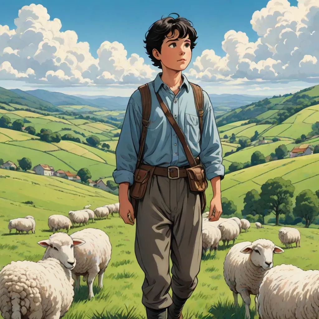 a man standing in front of a herd of sheep in a field with a sky background and clouds in the sky, Brothers Hildebrandt, regionalism, a character portrait, yukito kishiro